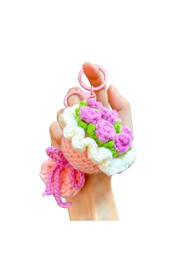 Lovely Bag Crochet Rose Flower Bouquet Keychain Car Keyring Holder Charm Valentines Gifts for Women Mom Wife