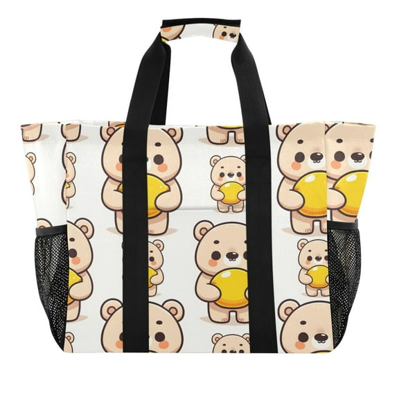 Lovely Bear Holding Lemon Reusable Grocery Bags with Handle Side Pocket Waterproof Shopping Portable Tote
