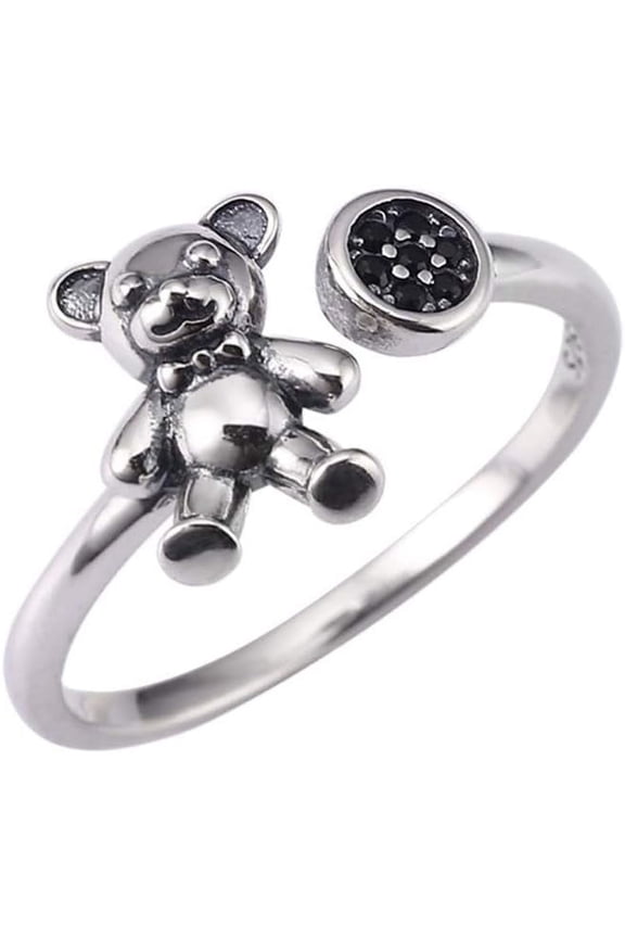 Lovely Bear Sterling Silver 925 Open Stacking Rings for Women Vintage Antique Black CZ Crystal Eternity Engagement Statement Ring Finger Band Cute Jewelry Adjustable