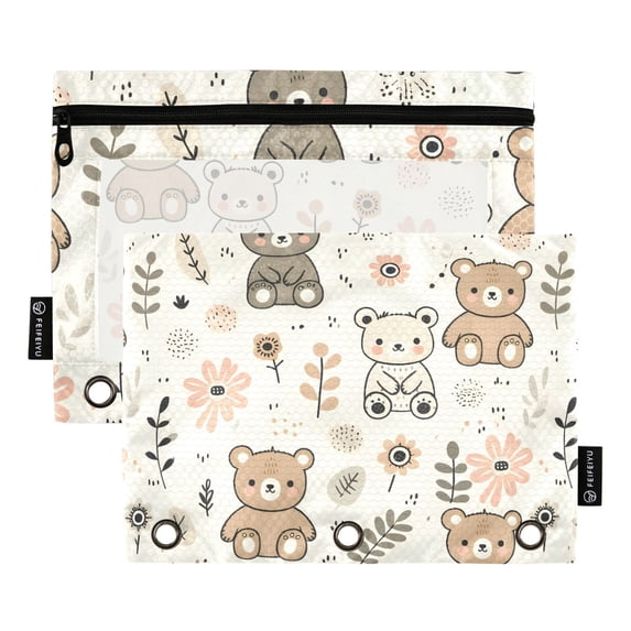 Lovely Bear and Simple Flowers 2 Pack Pencil Pouch for 3 Ring Binder Smooth Zipper Folders with Pockets Clear Window Pencil Case