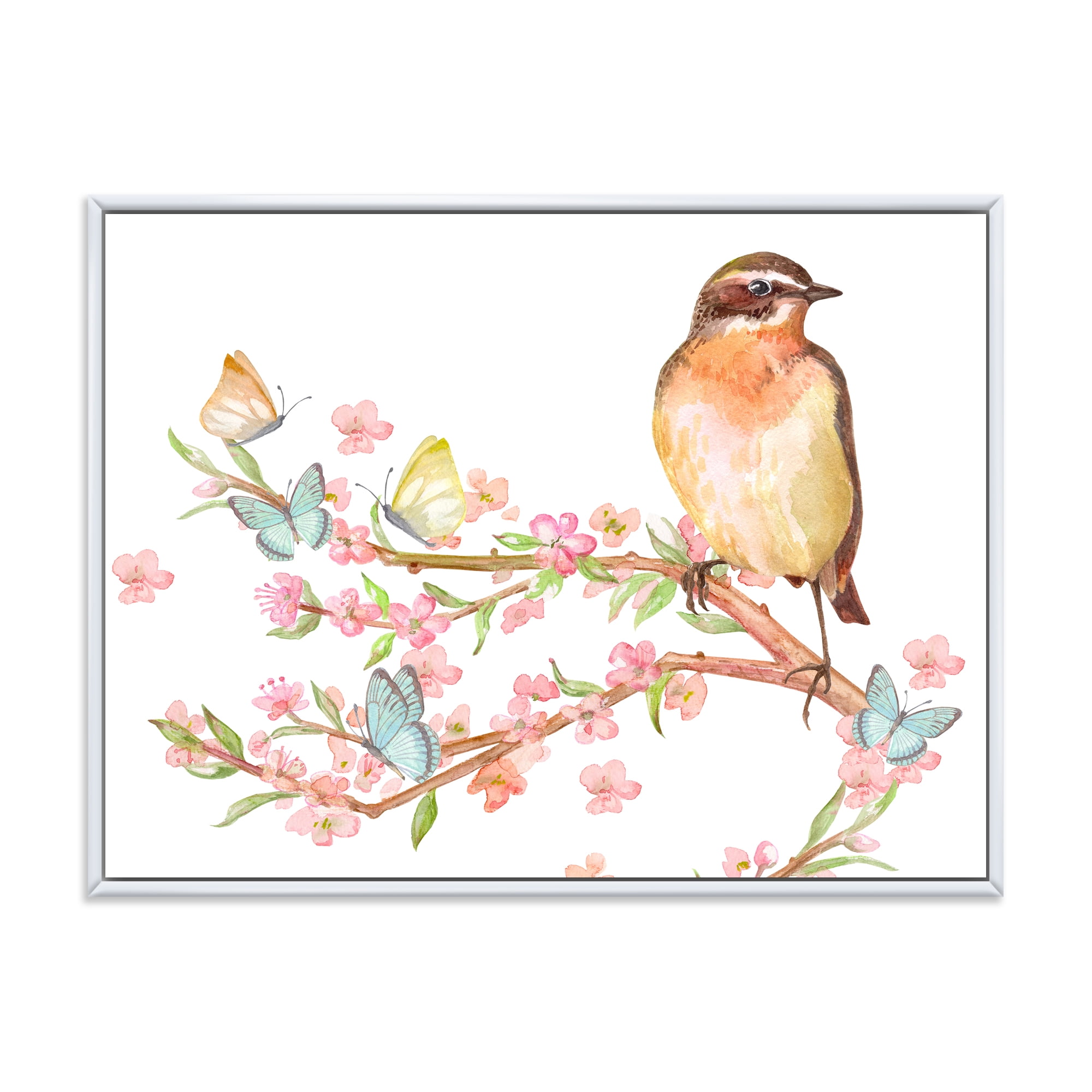 Lovely Bird Sitting On Branch of Sakura With Butterflies 40 in x 30 in Framed Painting Canvas Art Print, by Designart