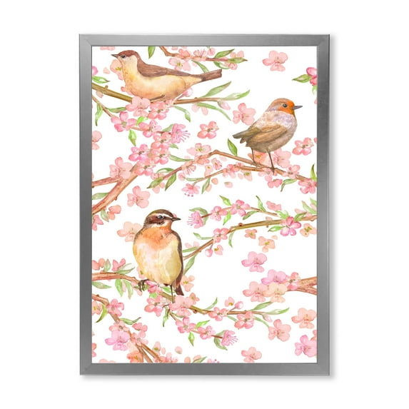 Lovely Birds On Branches Of Flowering Almond 12 in x 20 in Framed Painting Canvas Art Print, by Designart