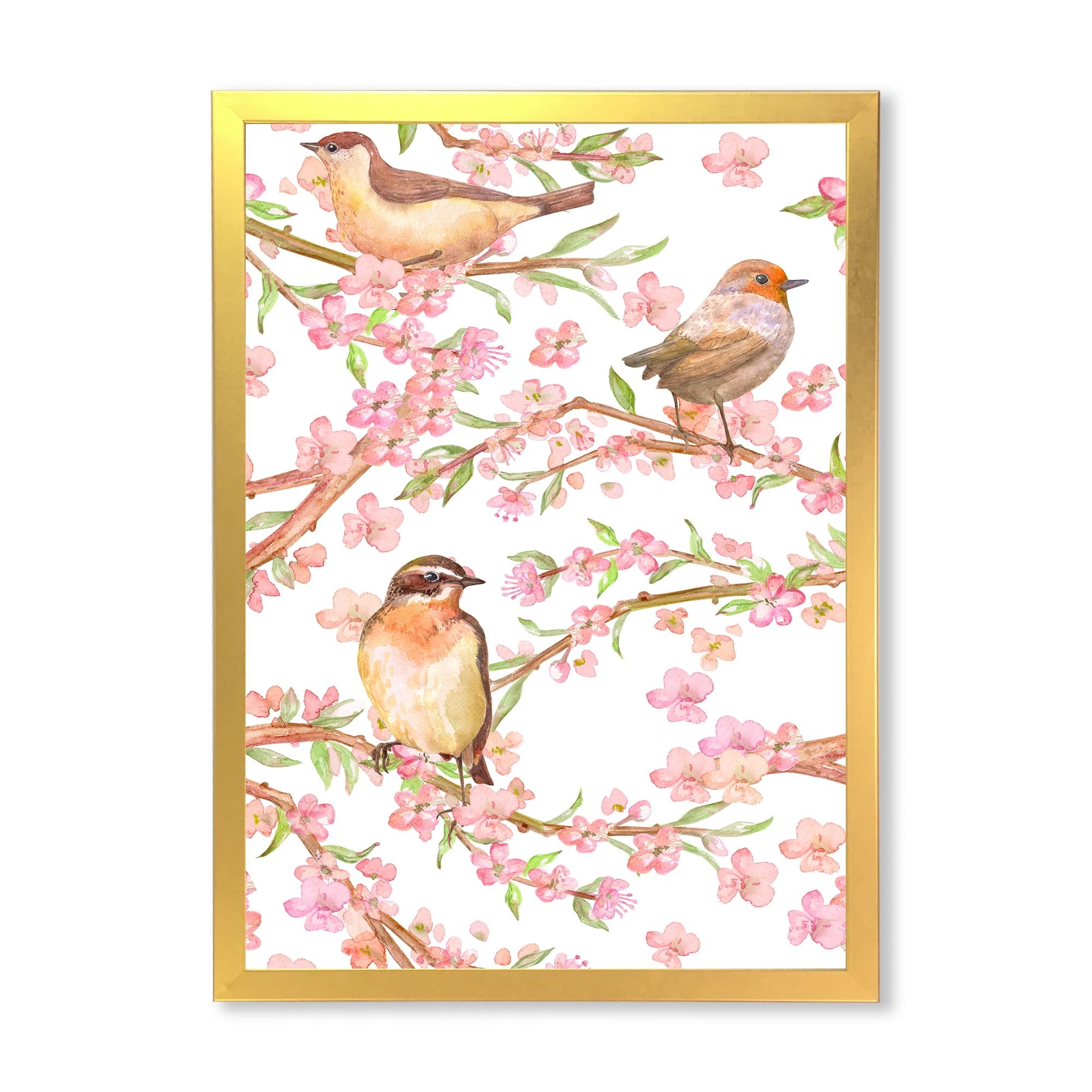 Lovely Birds On Branches Of Flowering Almond 16 in x 32 in Framed Painting Canvas Art Print, by Designart