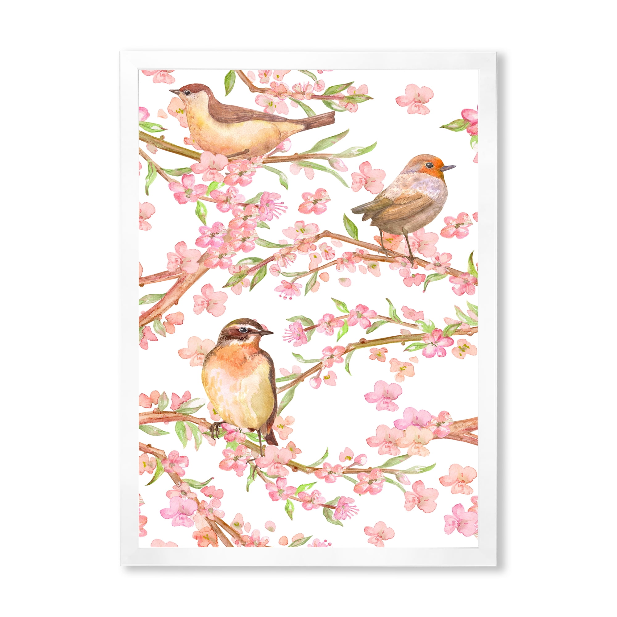 Lovely Birds On Branches Of Flowering Almond 24 in x 32 in Framed Painting Canvas Art Print, by Designart