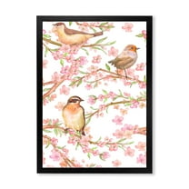 Lovely Birds On Branches Of Flowering Almond 30 in x 40 in Framed Painting Canvas Art Print, by Designart