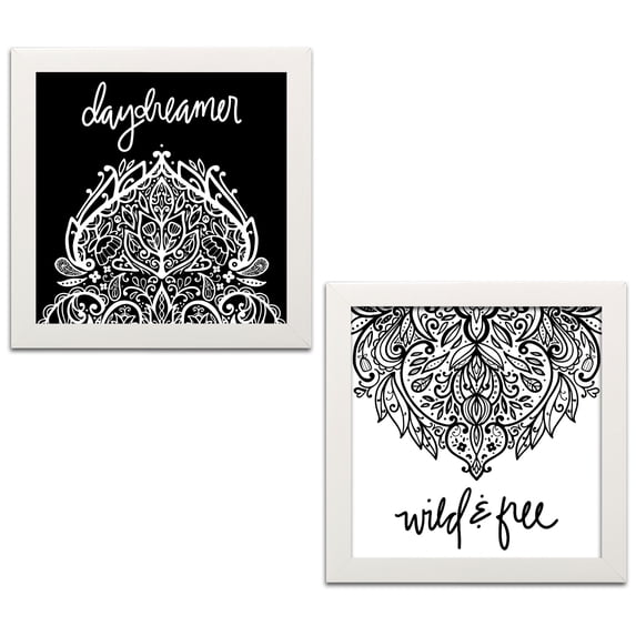 Lovely Black and White "Wild and Free" and "Daydreamer" Set by Noonday Designs; Two 12x12in White Framed Prints