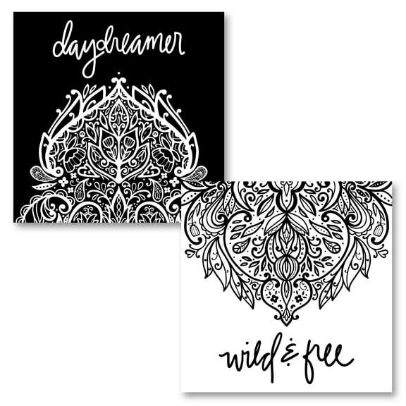 Lovely Black and White "Wild and Free" and "Daydreamer" Set by Noonday Designs; Two 16x16in Fine Art Paper Giclee Prints