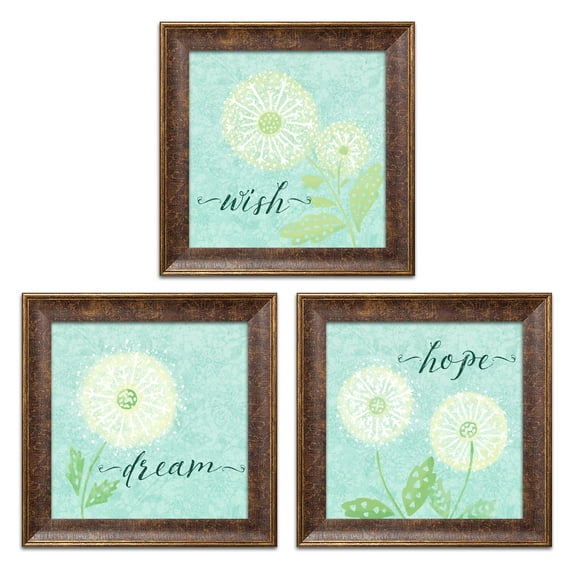 Lovely Blue-Green and Cream Dream, Hope and Wish Dandelion Prints by Noonday Design; Floral Decor; Three 12x12in Framed Prints