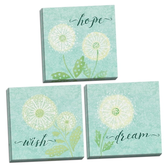Lovely Blue-Green and Cream Dream, Hope and Wish Dandelion Prints by Noonday Design; Floral Decor; Three 16x16in Hand-Stretched Canvases