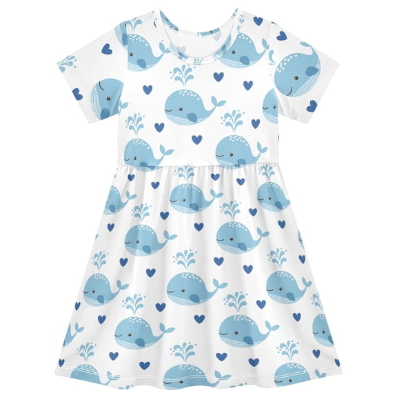 Lovely Blue Heart Whale Ocean Short Sleeve Dress A-Line Cute Midi Casual Sundress 2-8 Years
