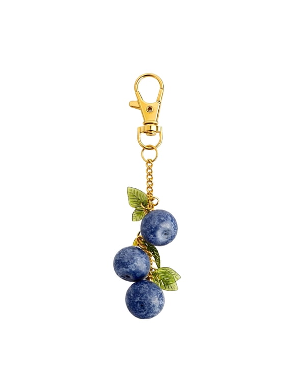 Lovely Blueberry Beaded Keychain Gold Tone Fruit Bag Charm Handbag Accessory Gift for Women Car Keys