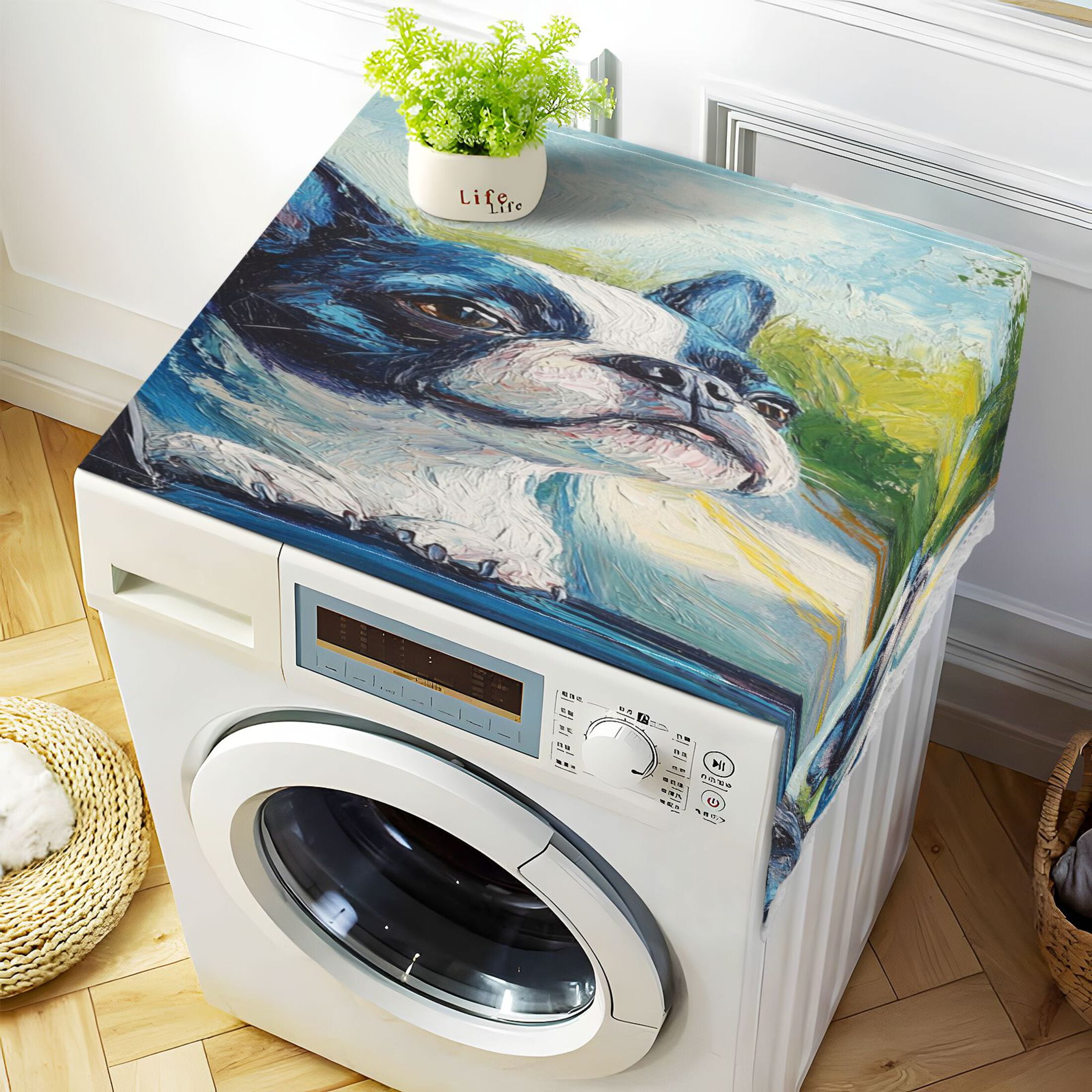 Lovely Boston TerrierWasher and Dryer Covers Dust-Proof and Oil Resistant Fridge Cover with 4 Storage Pockets Washing Machine Top Cover for Laundry Kitchen Home 51.2 x 22 In