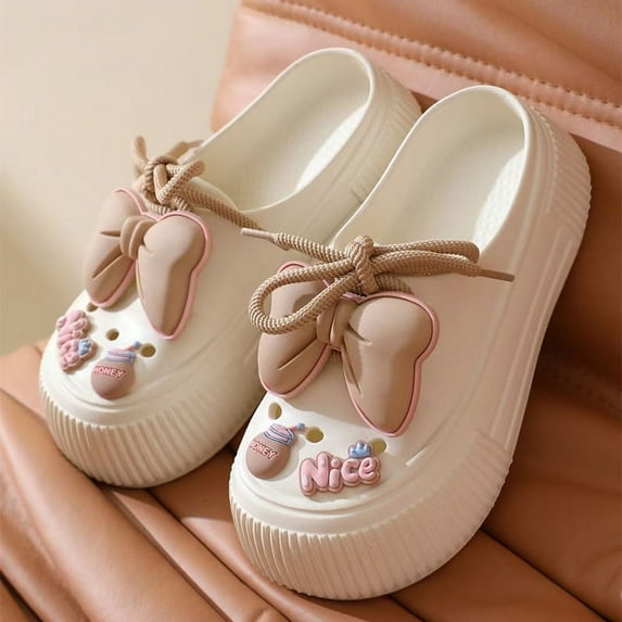 Lovely Bow Women Slippers Summer Feeling Outside Wear Eva Thick Soled Home Indoor Women Holes Shoes Sandals Beach Garden Shoes (white,39-40(fit 23.5-24CM))