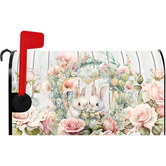 Lovely Bunny Mailbox Covers for Easter Spring Floral Wreath Pink Rose Mailbox Covers Magnetic Easter Bunny Mailbox Cover Standard Size 18x21 Inch Outdoor Garden Yard Decorative
