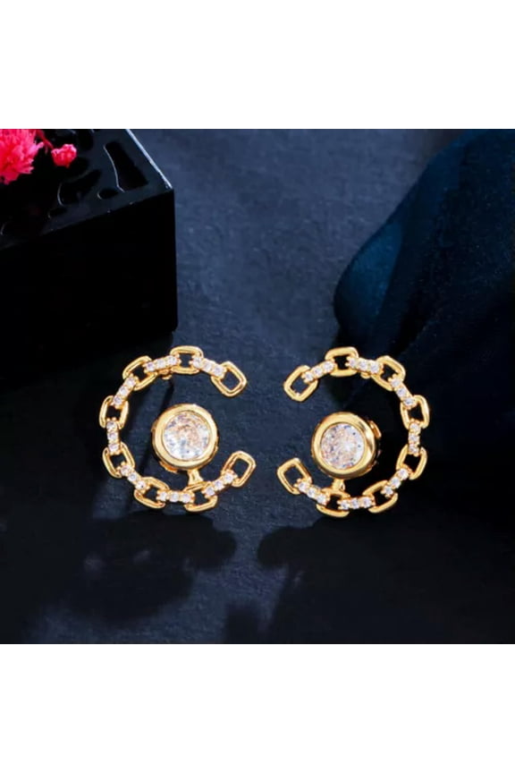 Lovely CZ Square Cuban Link Chain Half Round Stud Earrings Summer Ear Jewelry