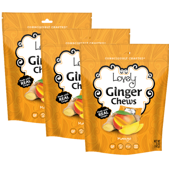 Lovely Candy Co. Mango Ginger Chews, Made with Real Ginger, Individually Wrapped Ginger Candy, 5 Ounce (Pack of 3) | Gluten-Free, Non-GMO, NO Artificial Ingredients, NO High Fructose Corn Syrup