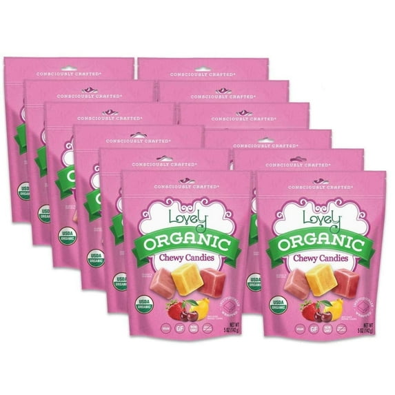Lovely Candy Co. Organic Chewy Candies 5oz Bag (12-pack) | Natural Strawberry, Lemon & Cherry Flavors | Vegan, Gluten Free, Non-GMO, No Artificial Ingredients, Individually Wrapped