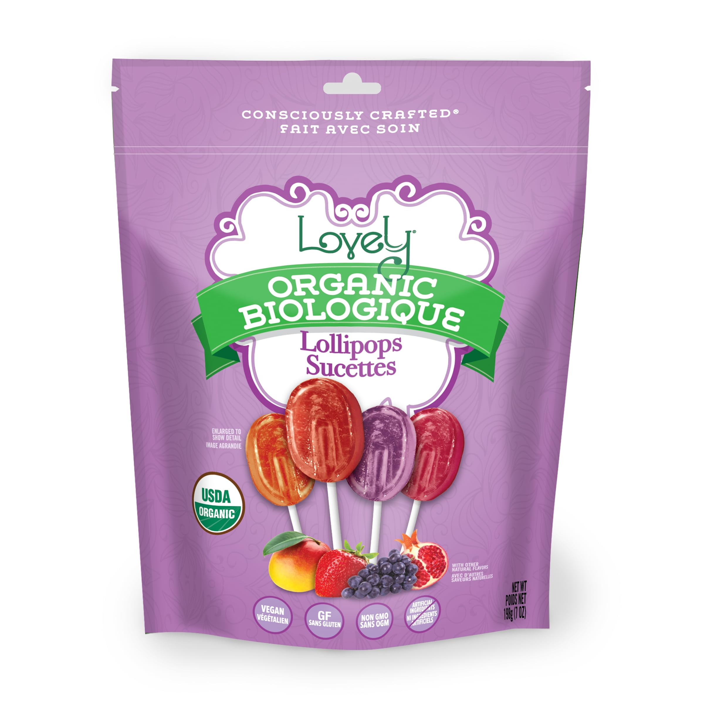 Lovely Candy Co. Organic Lollipops, Individually Wrapped, 7oz (1-Pack) | Vegan, Gluten-Free, Non-GMO, NO Artificial Colors or Flavors | Mango, Strawberry, Grape & PomegranateRDC25
