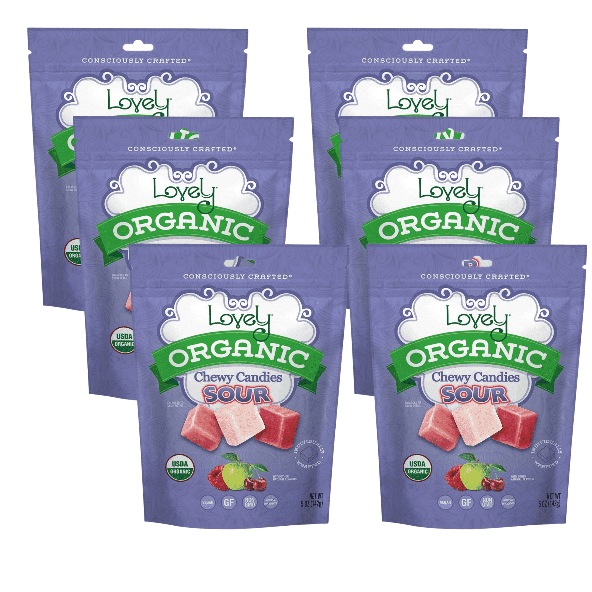 Lovely Candy Organic Sour Chewy Candies 5oz (6-pack) | Raspberry, Apple, & Cherry | Vegan, Gluten Free, Non-GMO, No Artificial Ingredients