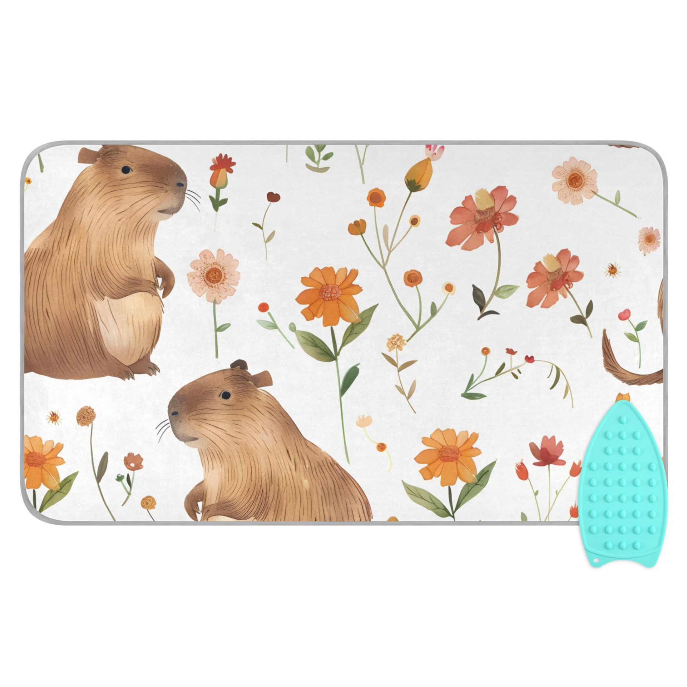 Lovely Capybara with Beautiful Florals Ironing Mat Blanket Portable Travel Ironing Pad Heat Resistant Pad 47.2" x 27.6”