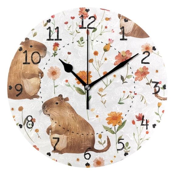 Lovely Capybara with Beautiful Florals Round Wall Clock Silent Analog Battery Operated Black Pointer Home Decor 9.84" Diameter