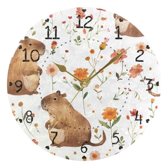 Lovely Capybara with Beautiful Florals Round Wall Clock Silent Analog Battery Operated Gold Pointer Home Decor 9.84" Diameter