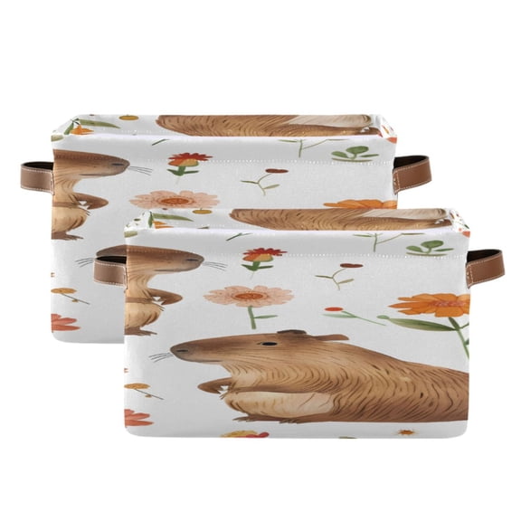 Lovely Capybara with Beautiful Florals Square Storage Bins with Handles Collapsible Containing Box 2 Packs