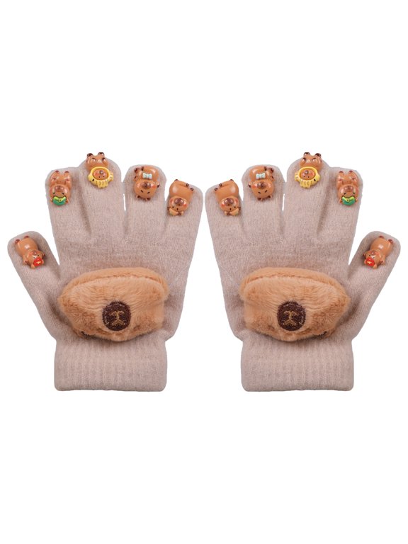 Lovely Capybaras Patterned Gloves For Boys Girls Warm Fleece Hand Protections Lightweight Travel Friendly