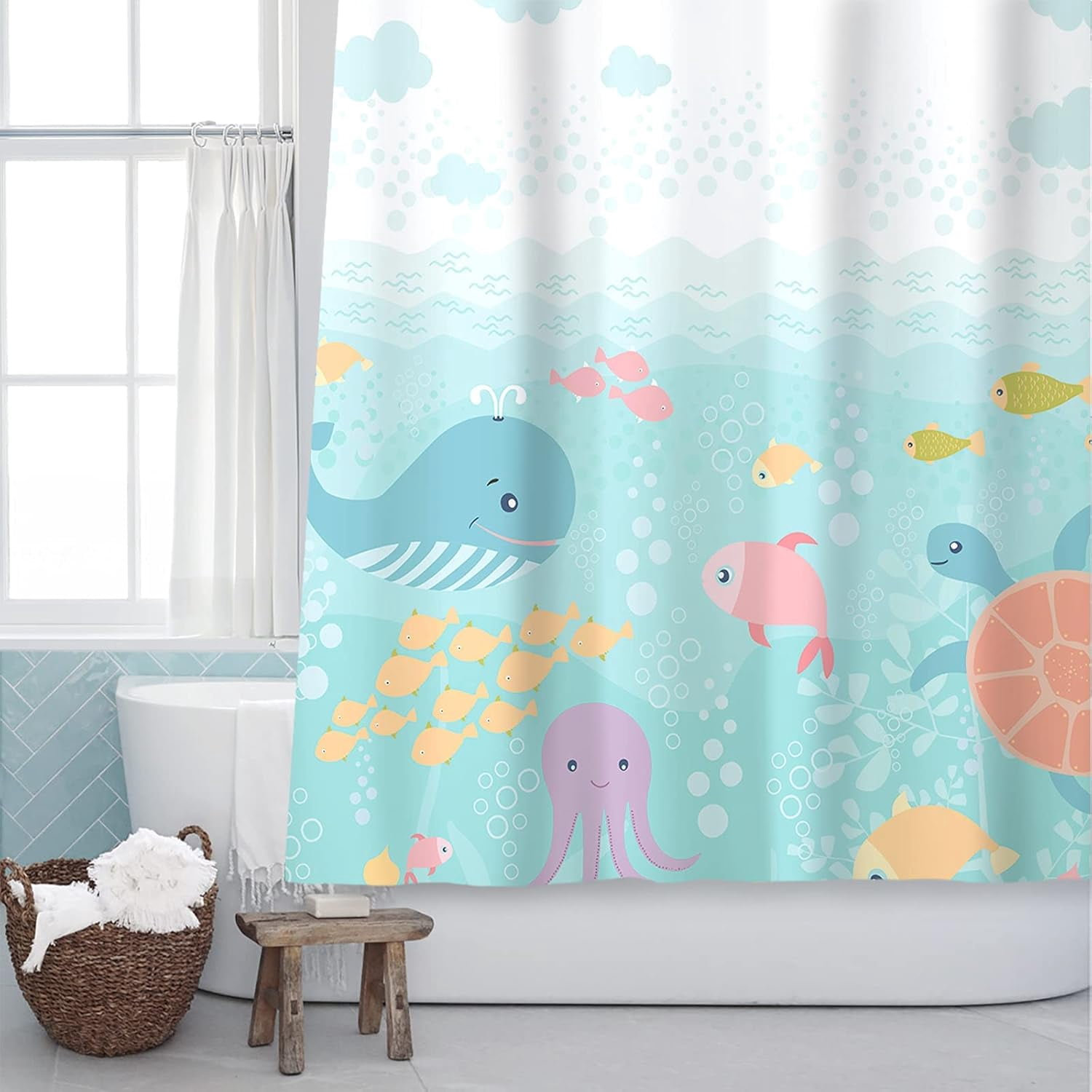 Lovely Cartoon Baby Shower Curtain, Sea Creatures Light Blue Fabric Shower Curtain for Kids, Whale Turtle and Fish Ocean Theme Bathroom Decor Curtain for Children, Girls and Boys