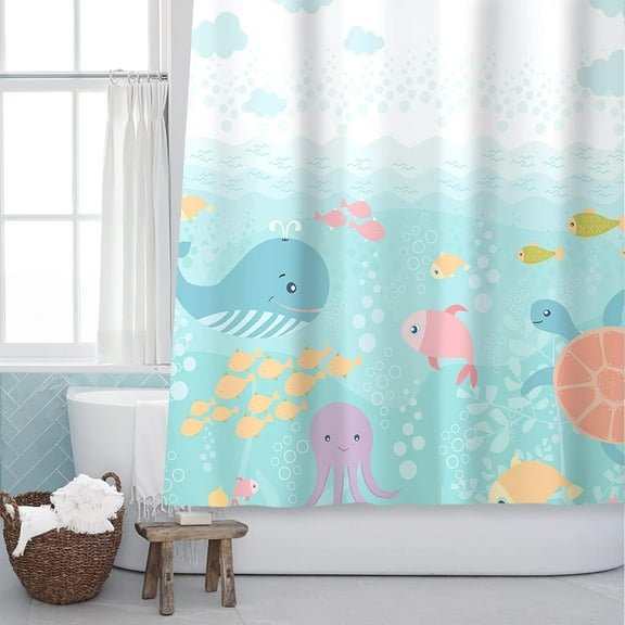 Lovely Cartoon Baby Shower Curtain, Sea Creatures Light Blue Fabric Shower Curtain for Kids, Whale Turtle and Fish Ocean Theme Bathroom Decor Curtain for Children, Girls and Boys