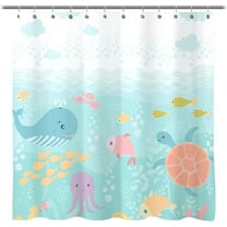 Lovely Cartoon Baby Shower Curtain, Sea Creatures Light Blue Fabric Shower Curtain for Kids, Whale Turtle and Fish Ocean Theme Bathroom Decor Curtain for Children, Girls and Boys