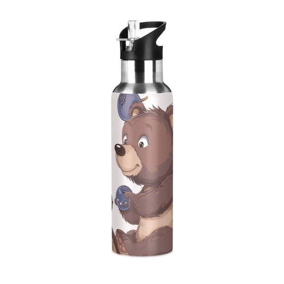 Lovely Cartoon Bear Eating Blueberries Sports Bottle with Straw Stainless Steel Water Jug Portable Thermal Cup Leak-proof 600ML