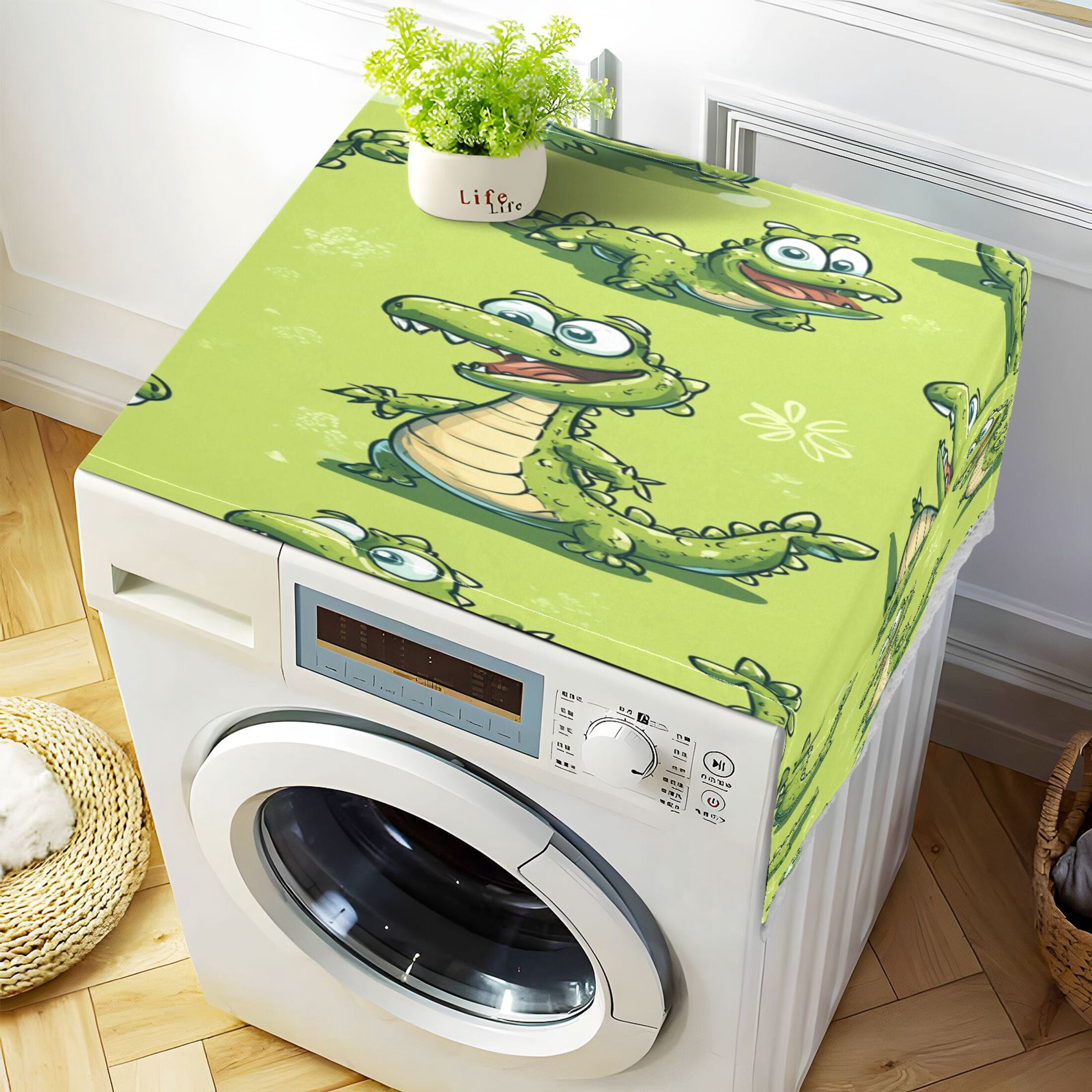 Lovely Cartoon CrocodileWasher and Dryer Covers Dust-Proof and Oil Resistant Fridge Cover with 4 Storage Pockets Washing Machine Top Cover for Laundry Kitchen Home 51.2 x 22 In