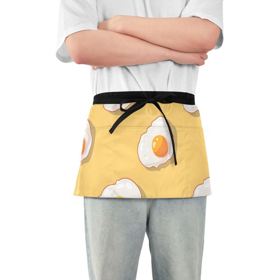 Lovely Cartoon Fried Eggs Short Server Apron with 3 Pockets for Unisex Chef Gardening