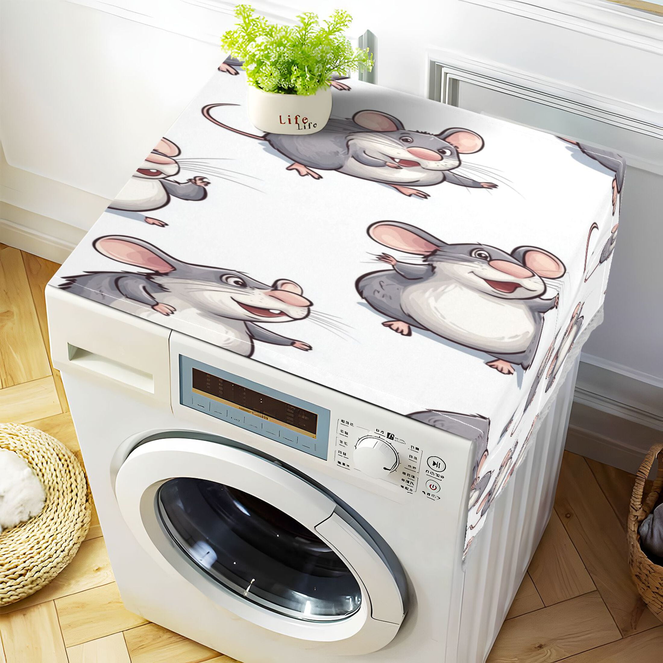 Lovely Cartoon RatWasher and Dryer Covers Dust-Proof and Oil Resistant Fridge Cover with 4 Storage Pockets Washing Machine Top Cover for Laundry Kitchen Home 51.2 x 22 In