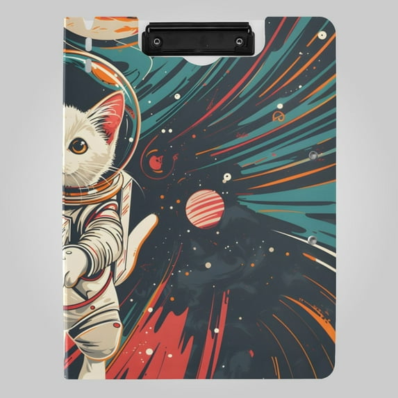 Lovely Cat Astronaut Planets Foldable Binder Folder Clipboard with Pen Slot Double Clips A4 Size File Storage