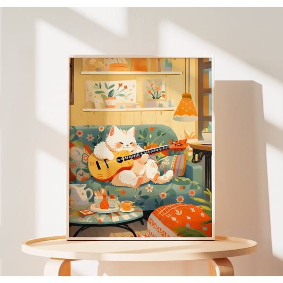 Lovely Cat Cafe Art Print, Cozy White Cat Decor, Kitchen Coffee, Unframed Paper Print Size 8x12