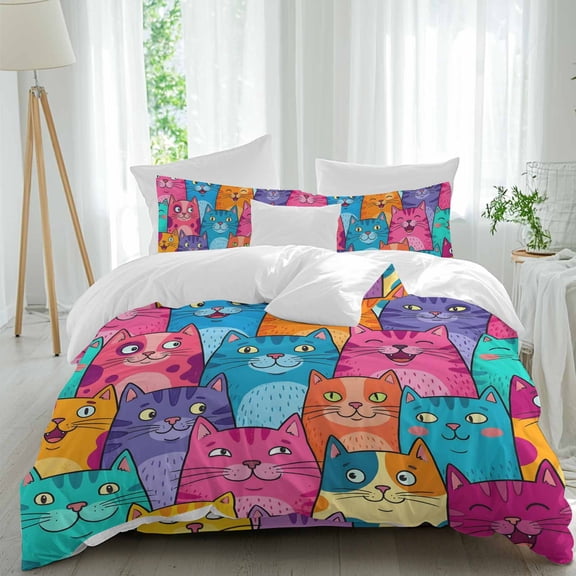 Lovely Cat Comforter Set Queen Size, Cartoon Watercolor Pink Orange Blue Green Cute Funny Cat Soft Bedding Set for Man Woman, 4 Pieces Duvet Cover Set with Fitted Sheet, 2 Pillowcases