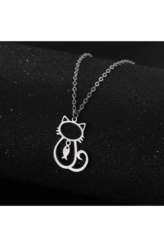 Lovely Cat Kitten Fish Pendant Necklace for Women 14K Yellow Gold Animal Neck Chain Jewelry Birthday Gift