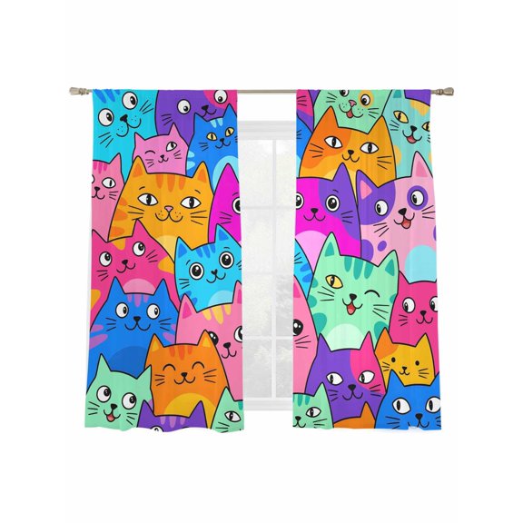 Lovely Cat Sheer Curtains 2 Panels Set Cartoon Watercolor Pink Orange Blue Green Cute Cat Sheer Window Curtains Light Filtering Rod Pocket Voile Drapes for Bedroom Living Room 52"x63"