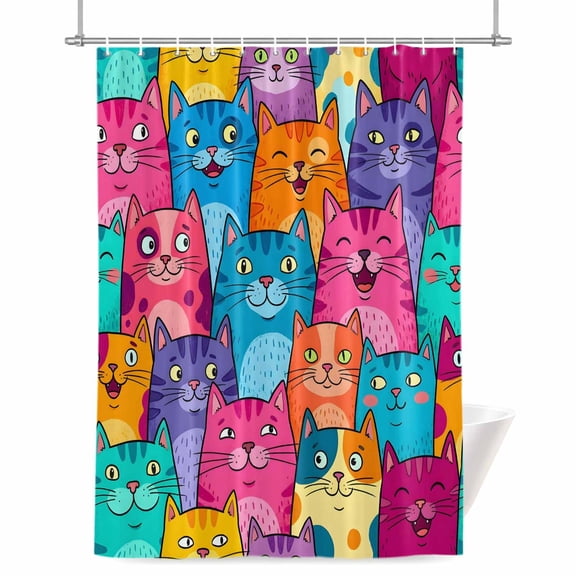 Lovely Cat Shower Curtain, 36" x 72", Cartoon Watercolor Pink Orange Blue Green Cute Funny Cat Waterproof Bathroom Curtain Washable Shower Curtain Set with 12 Hooks