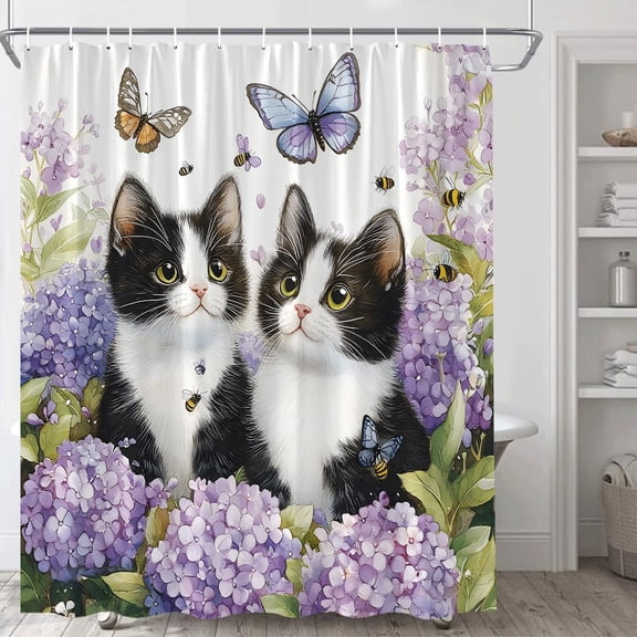 Lovely Cat Shower Curtain, Black White Kitten, Hydrangea Flowers and Butterfly Farmhouse Decor 36"W x 72"H