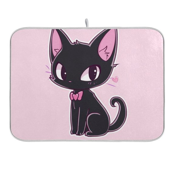 Lovely Cat Wear Bow Tie Dish Drying Mat 16x18 Absorbent Microfiber Draining Rack Pad for Kitchen Counter Sink