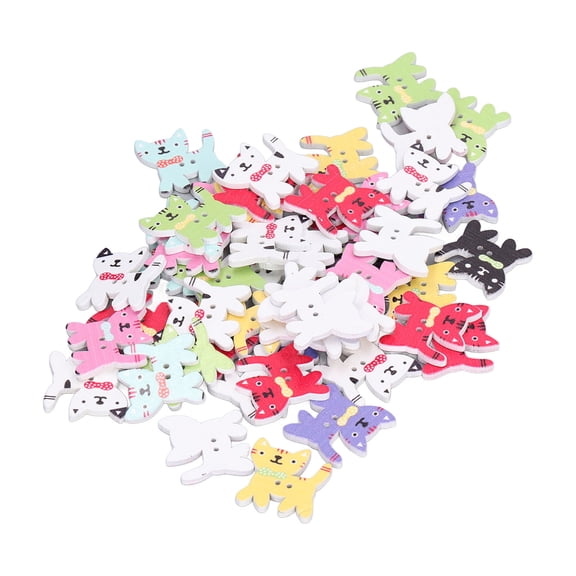 Lovely Cat Wood Sewing Buttons for DIY Crafts Colorful Animal Shape Dual Hole Fasteners 100-Pack 0.9 inch / 24 mm