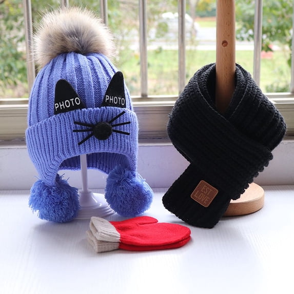 Lovely Cat patten Baby Knitted Wool Children's Scarf Hat Gloves BLUE 4-8 YEARS OLD