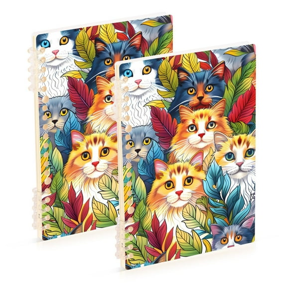 Lovely Cats and Leaves 2 Pcs Spiral Notebooks 60 Sheets 120 Pages A5 Journal Notepad 8.3x5.7 Inch Thick Adjustable College Ruled Paper