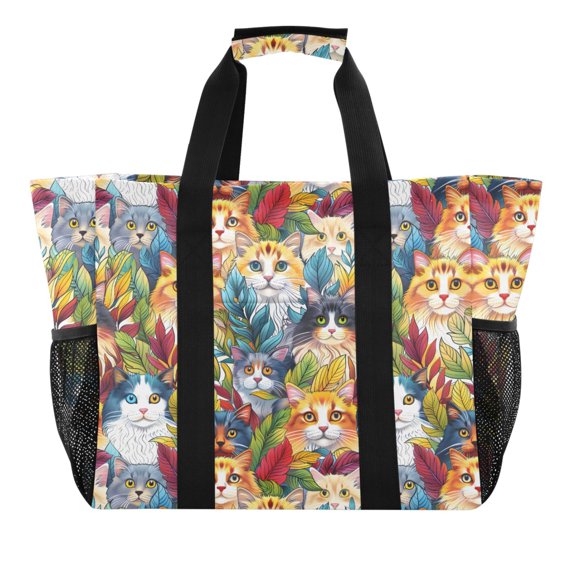 Lovely Cats and Leaves Reusable Grocery Bags with Handle Side Pocket Waterproof Shopping Portable Tote