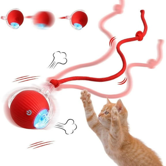 Lovely Caves Agile Moving Cat Ball Toy with Rope, Red