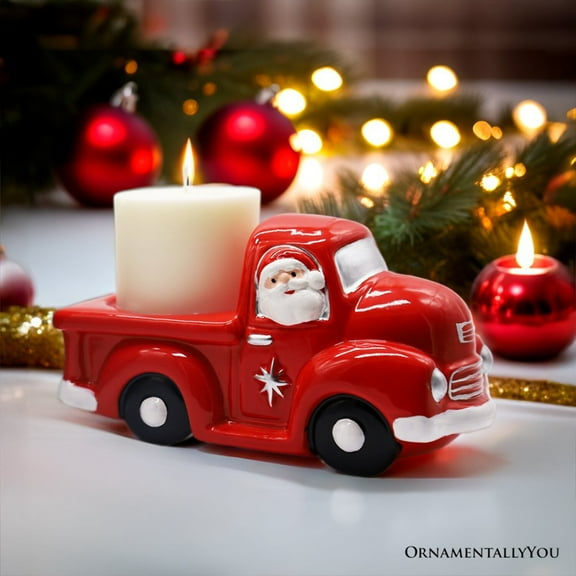 Lovely Ceramic Red Truck Candle Christmas and Santa Theme, Candleholder Home Decor