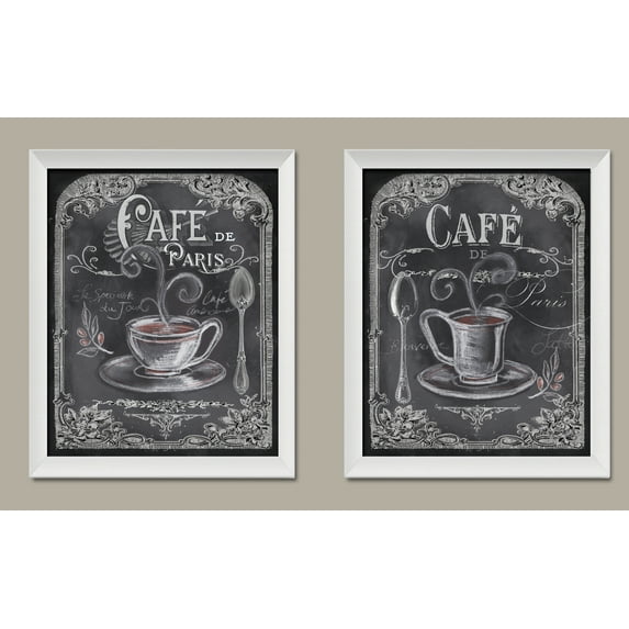 Lovely Chalkboard-Style French Cafe De Paris Coffee Set by Tre Sorelle Studios; Two 11x14in White Framed Prints; Ready to hang!